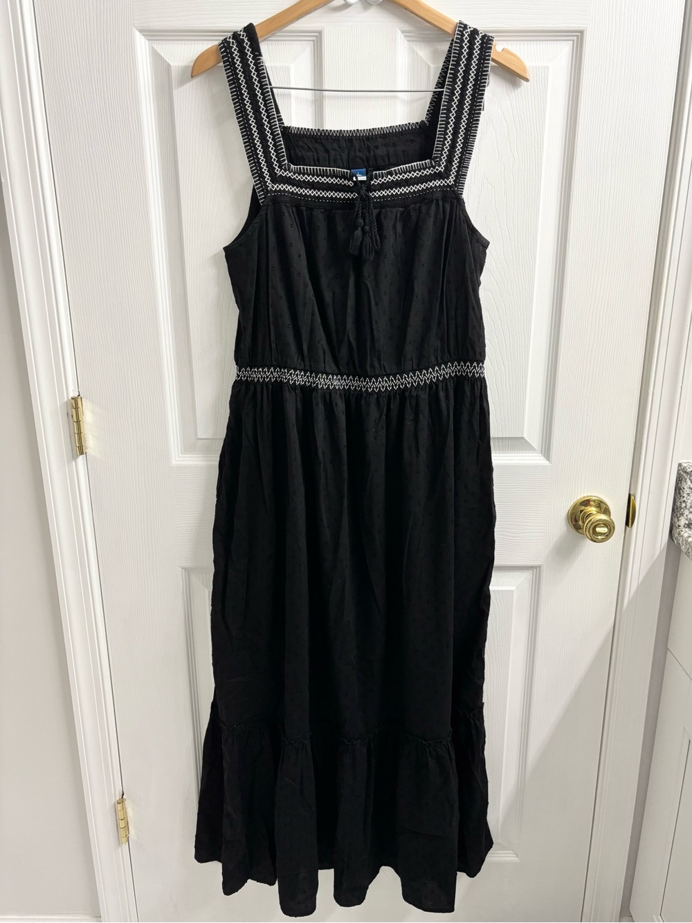 Old Navy Boho Midi Dress Embroidered Waist Defined Clip Dot Large Tall Black